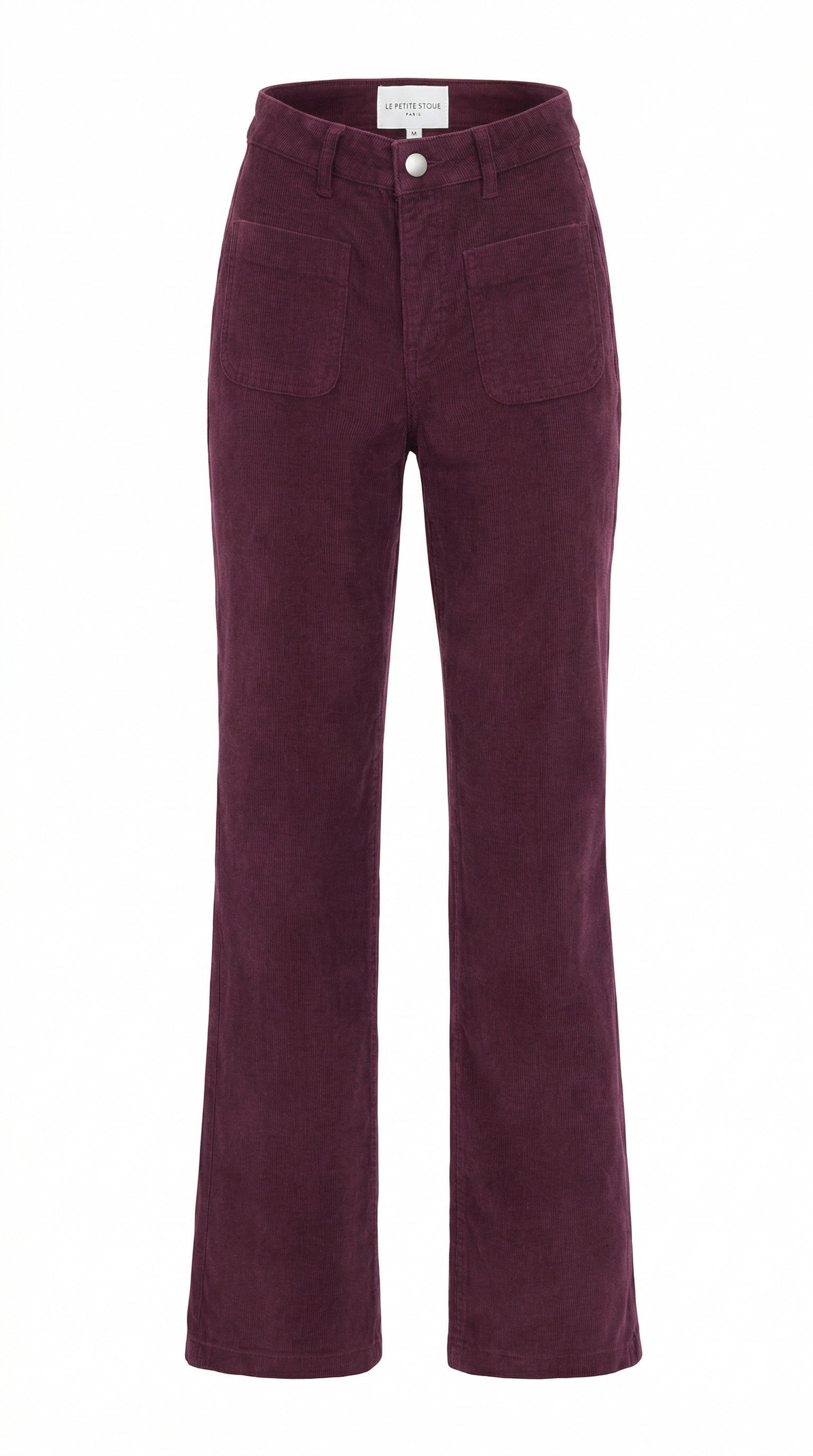 A pair of La Petite Etoile corduroy pants in a deep burgundy shade, featuring a high-rise fit, front patch pockets, and a soft velour textured finish.