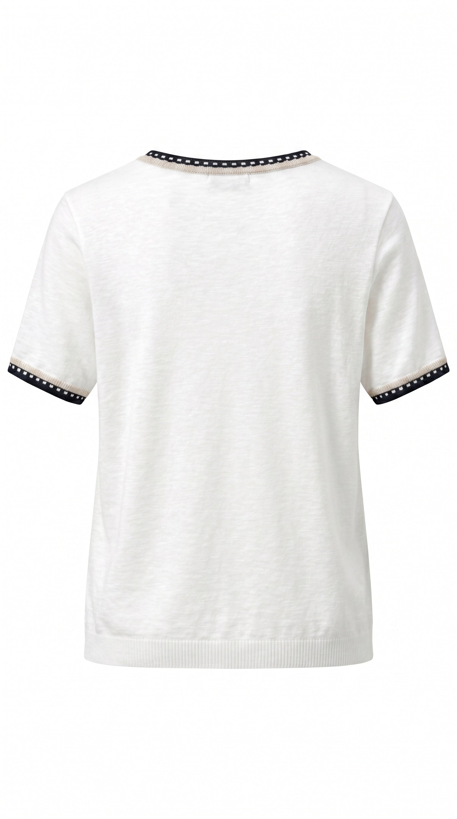 Le Petite Étoile ecru short sleeve knit pullover with contrast trim
