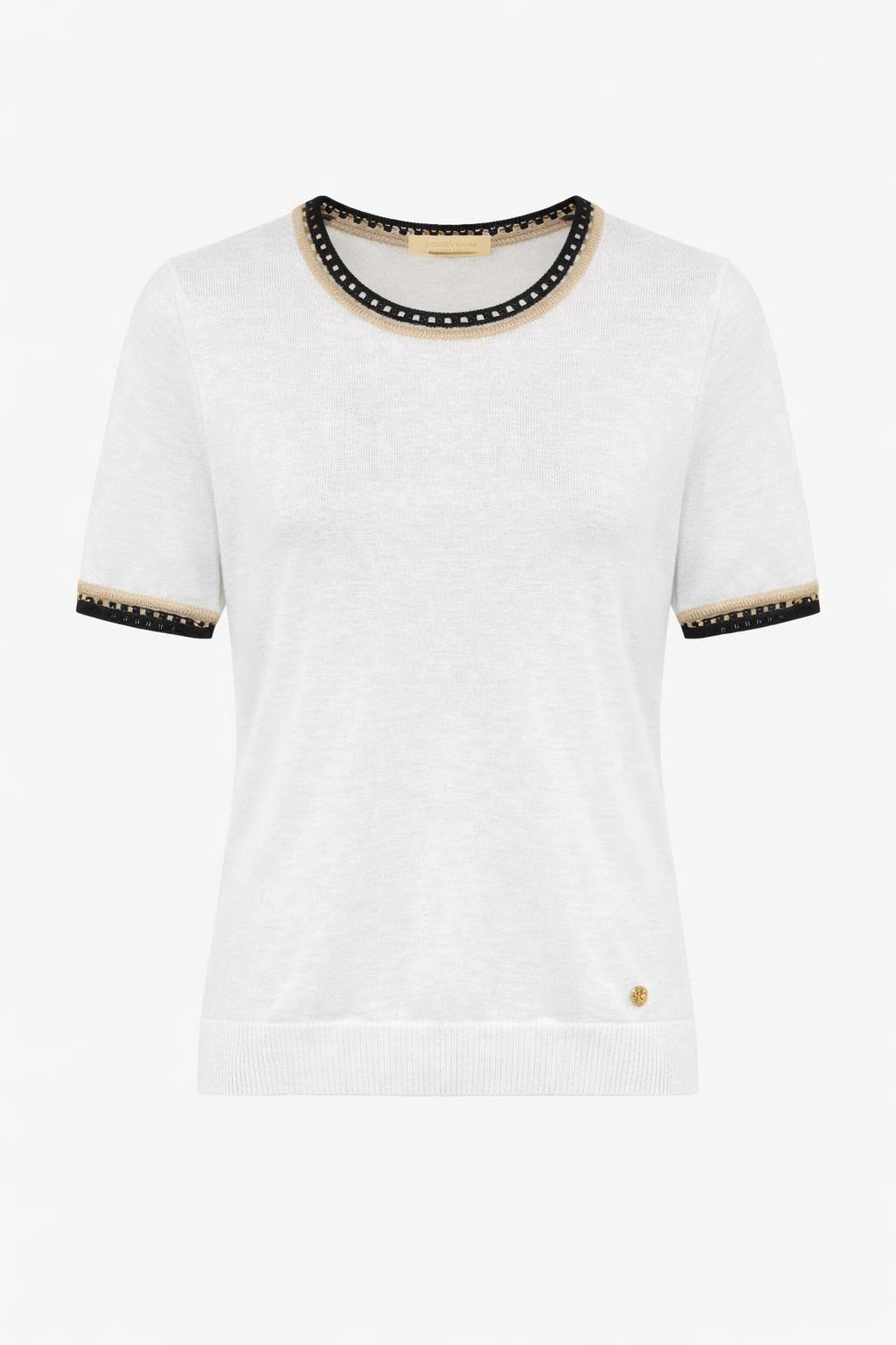 Le Petite Étoile ecru short sleeve knit pullover with contrast trim
