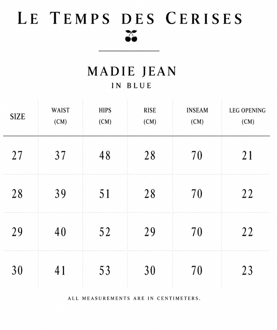 Le Temps Des Cerises Madie Jean in Blue size guide showing waist, hips, rise, inseam and leg opening measurements in centimetres for sizes 27–30.
