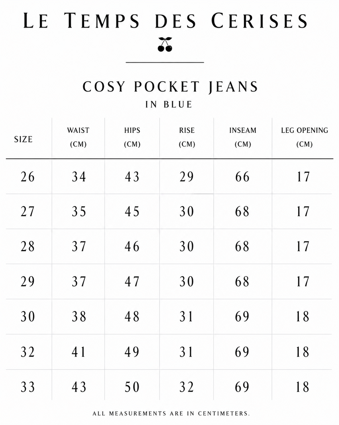 Le Temps des Cerises Cosy Pocket Jeans in Blue size guide showing waist, hips, rise, inseam and leg opening measurements in centimetres for sizes 26, 27, 28, 29, 30, 32 and 33.