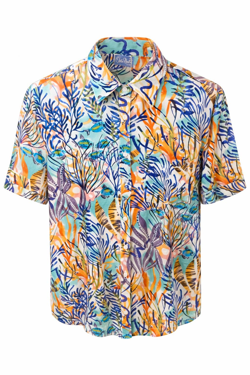 Isla Bonita multi colour printed short sleeve button-up shirt with collar front