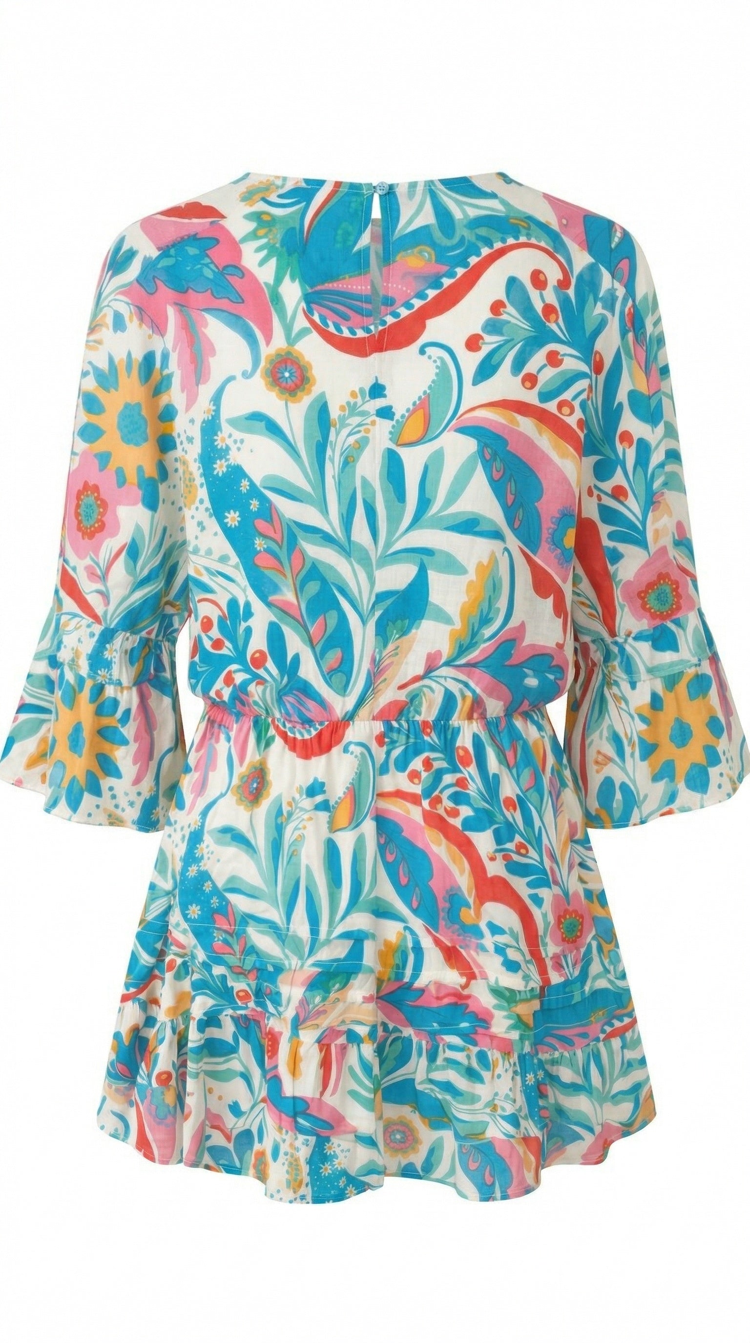 Isla Bonita multi colour printed short tiered dress with V-neck and ruffle detail back