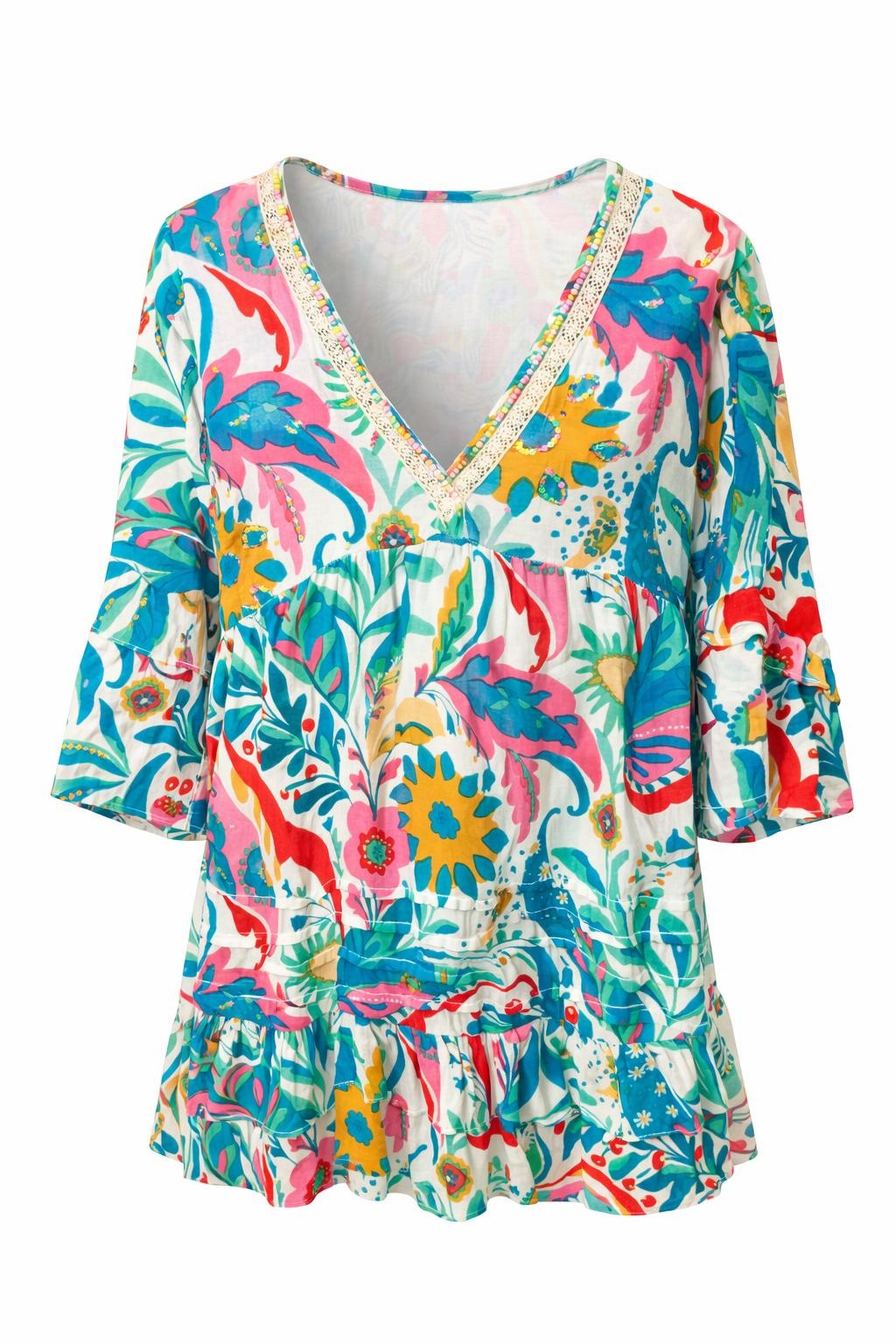 Isla Bonita multi colour printed short tiered dress with V-neck and ruffle detail front