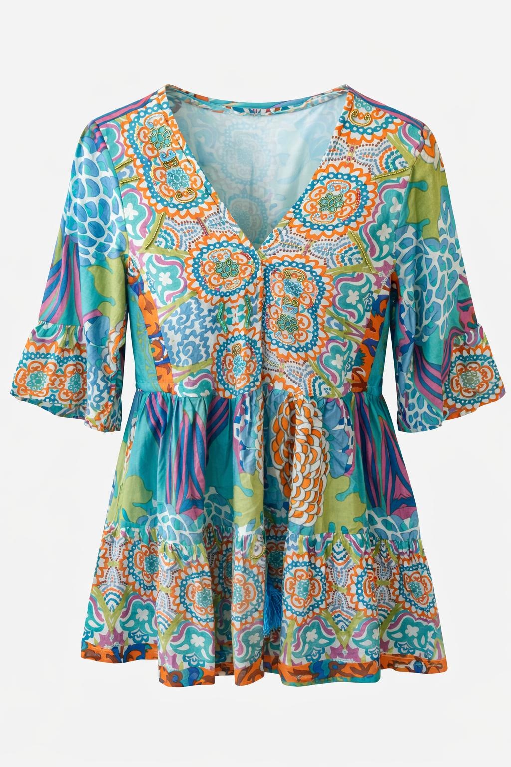 sla Bonita multi colour printed short dress with V-neck and tiered skirt front
