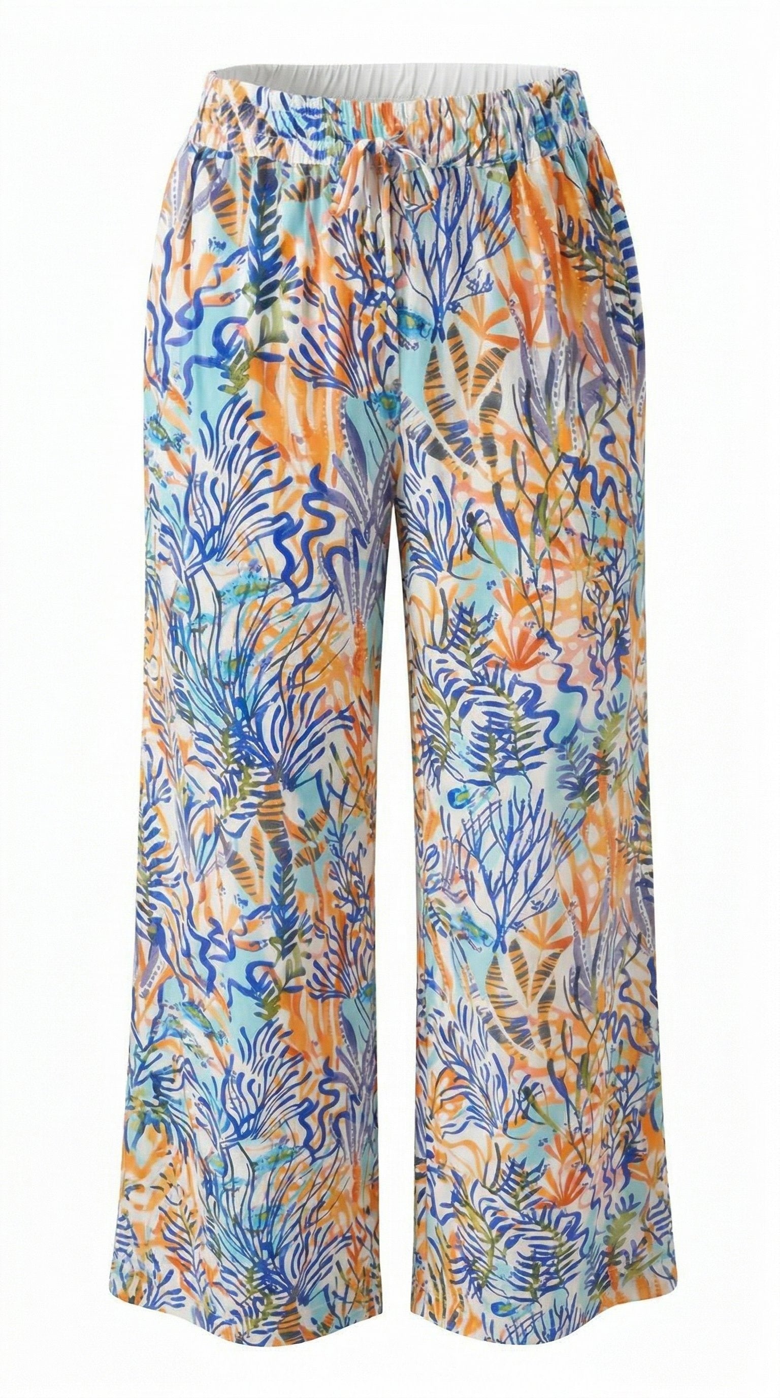 Isla Bonita multi colour botanical printed wide leg pant with elasticated drawstring waist
