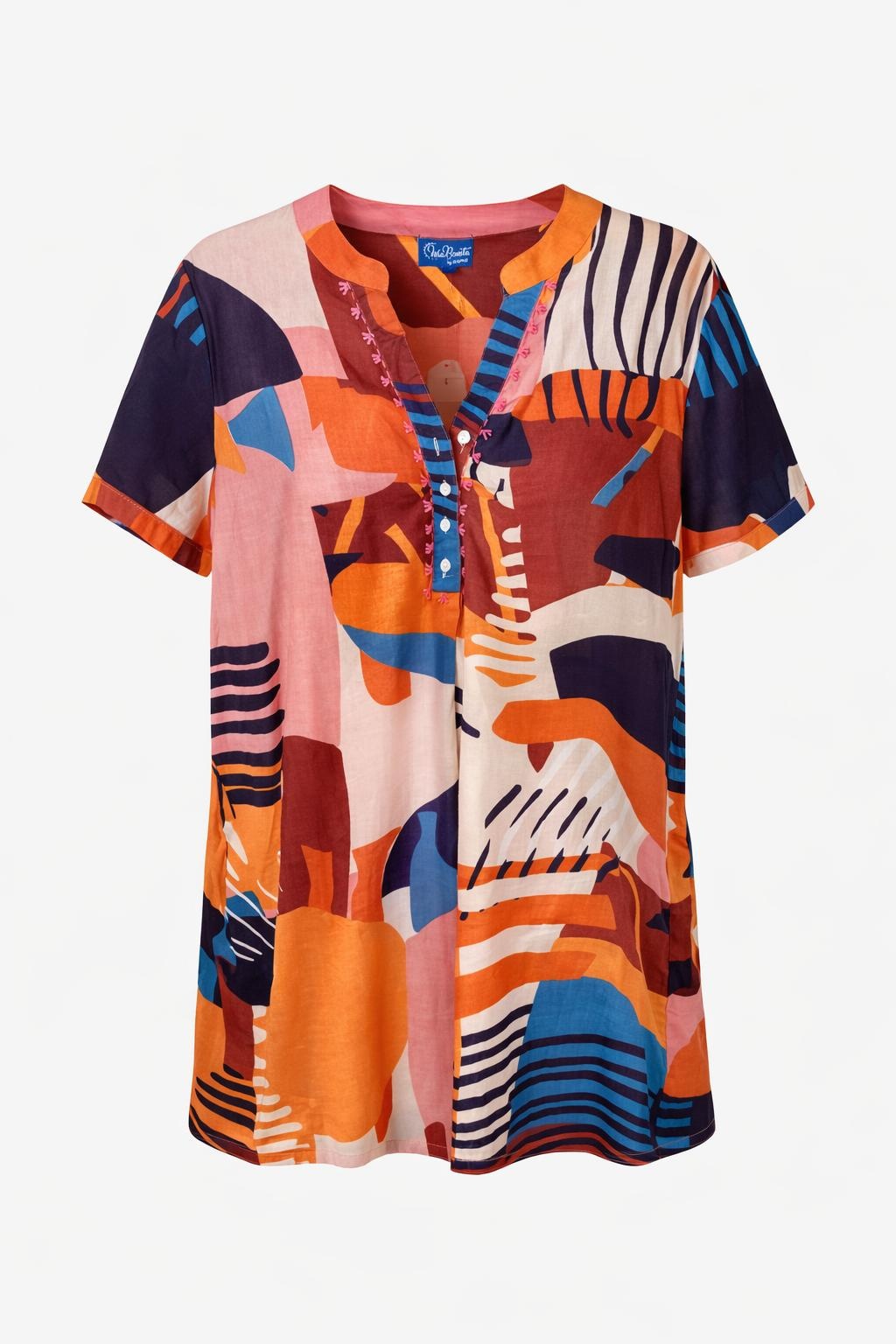 Isla Bonita multicolour abstract printed short sleeve dress with notch neckline and button detail front