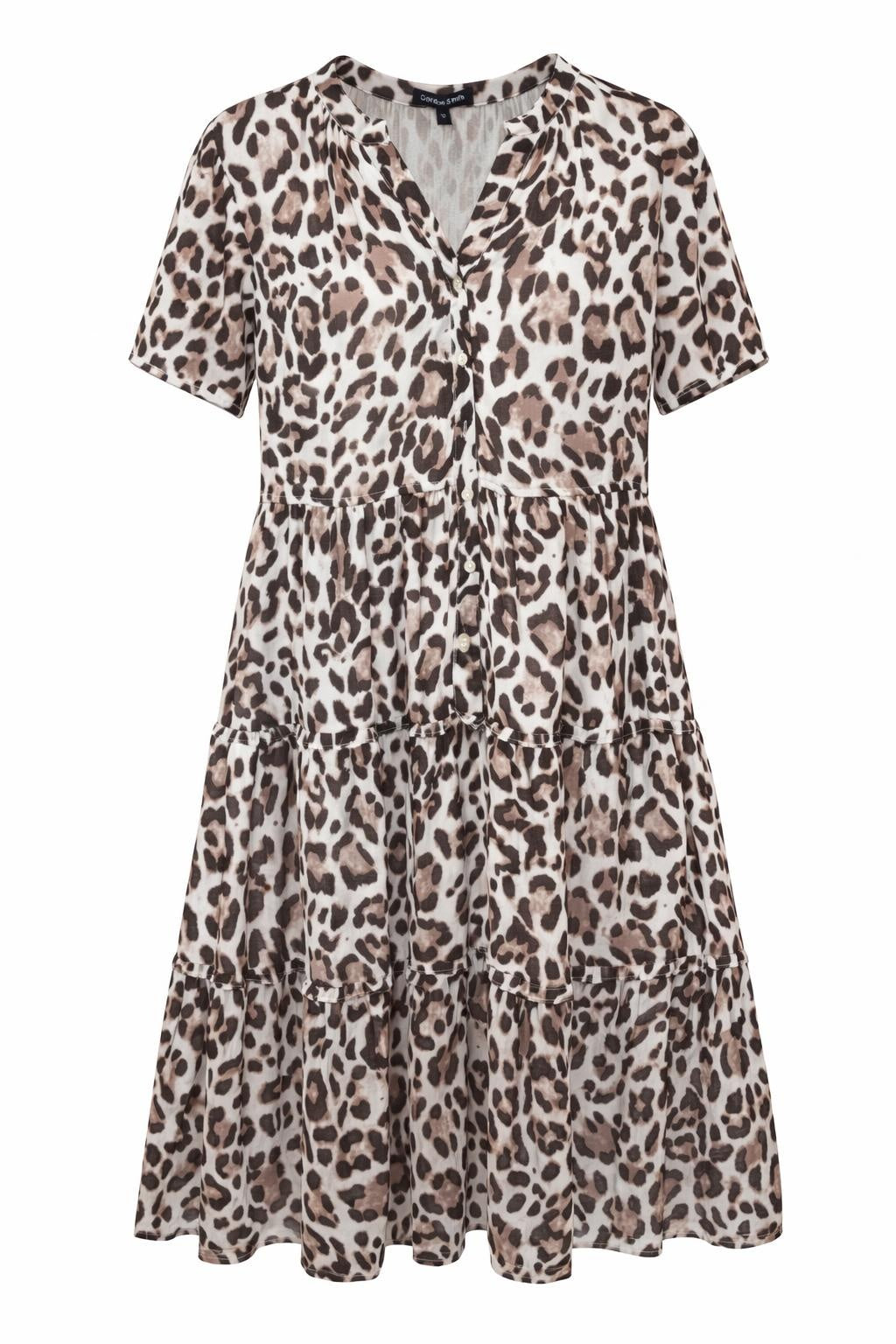 Gordon Smith On Safari natural multi animal print tiered dress with short sleeves and button front
