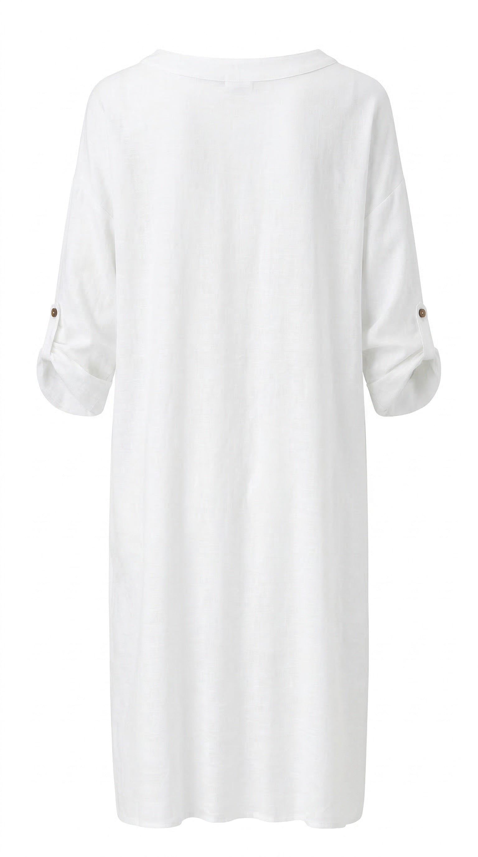 Marta du Château Ness white loose fit dress with V-neck and front pockets back