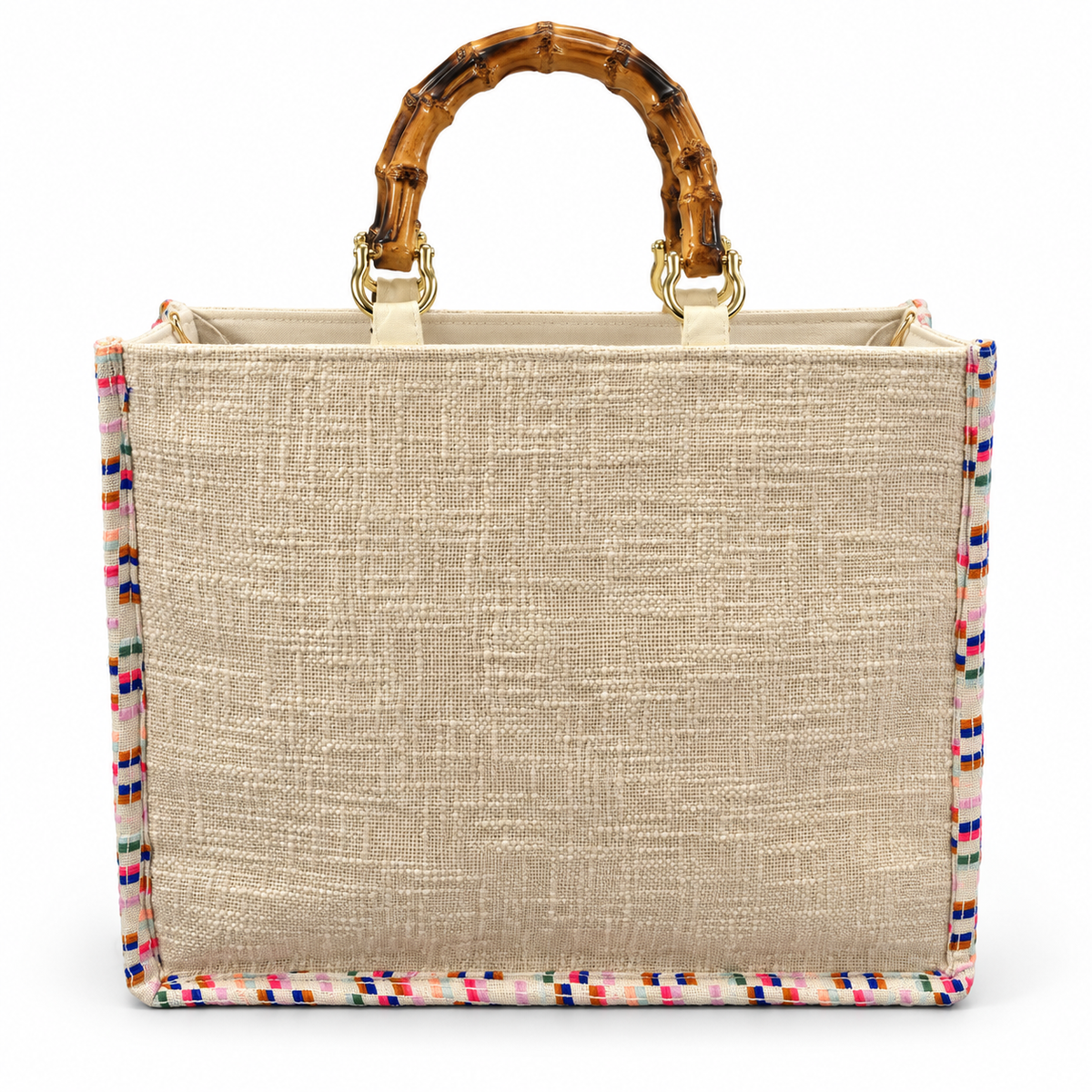 Back of the Piti Cuiti beaded shopper, plain natural weave with bamboo handles on gold snap hooks