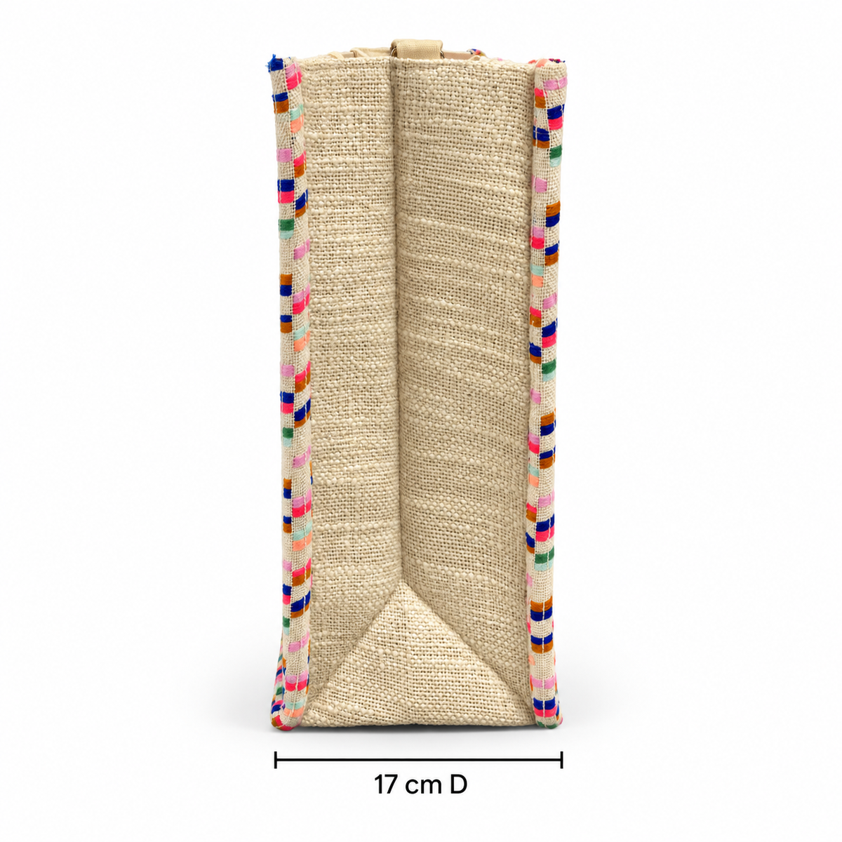 Side view of the Piti Cuiti beaded shopper showing the 17 cm depth and striped woven binding
