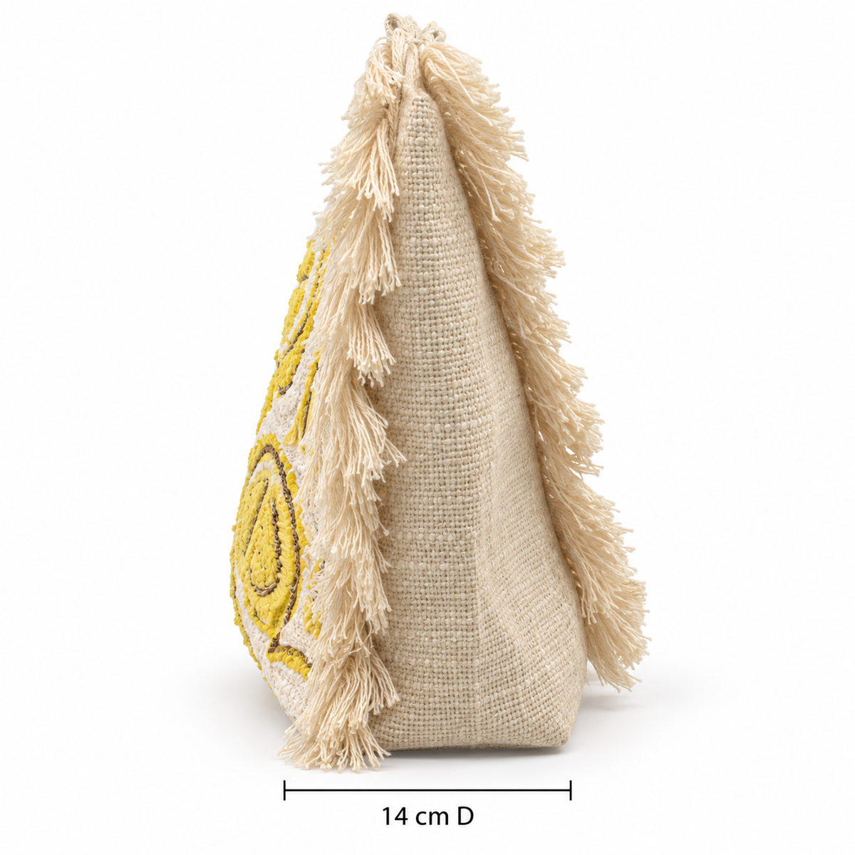 Side view of the Piti Cuiti lemon beach tote showing the 14 cm depth and cotton fringe seam