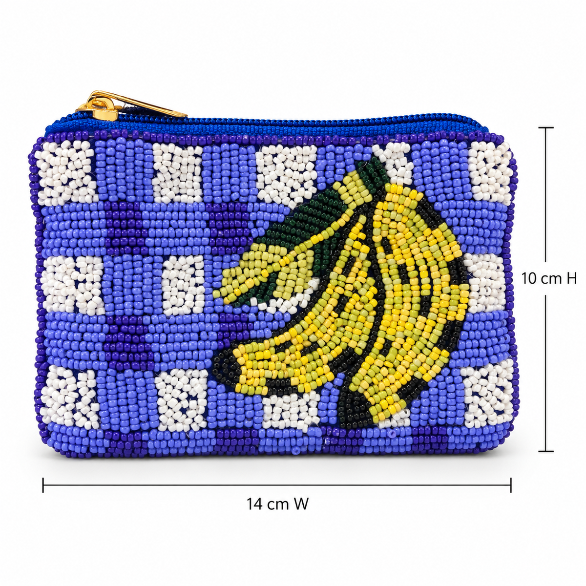 Piti Cuiti mini pouch, yellow beaded bananas on a cobalt and white check ground, 14 by 10 cm