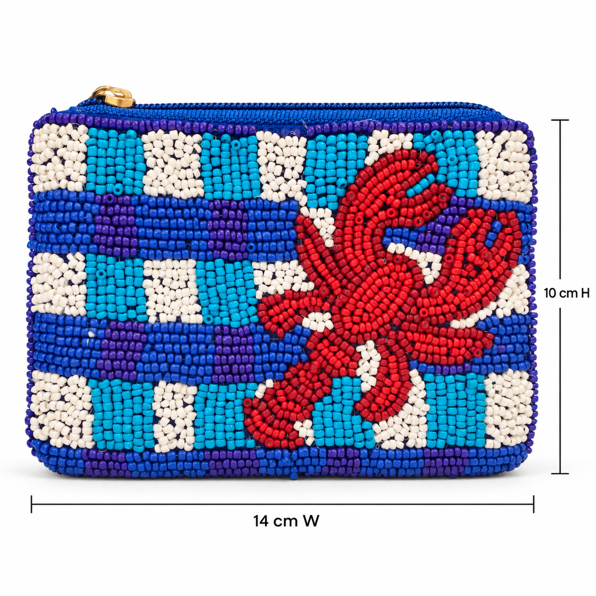 Piti Cuiti mini pouch, scarlet beaded lobster on blue and turquoise stripes, 14 by 10 cm