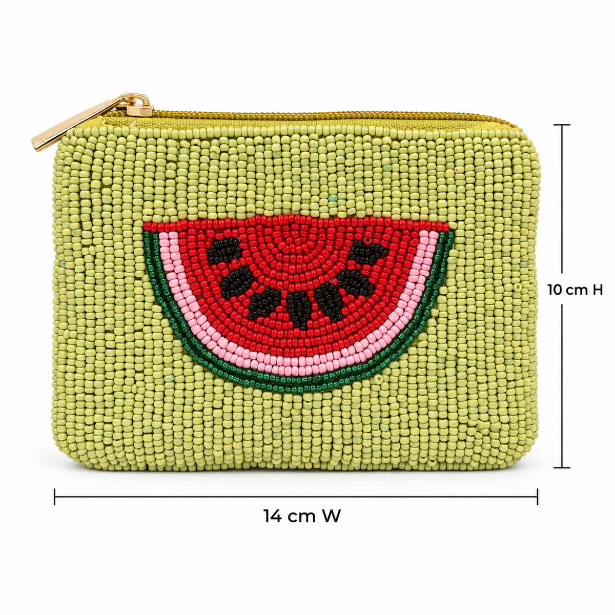 Piti Cuiti mini pouch, red beaded watermelon slice on a lime green seed bead ground, 14 by 10 cm
