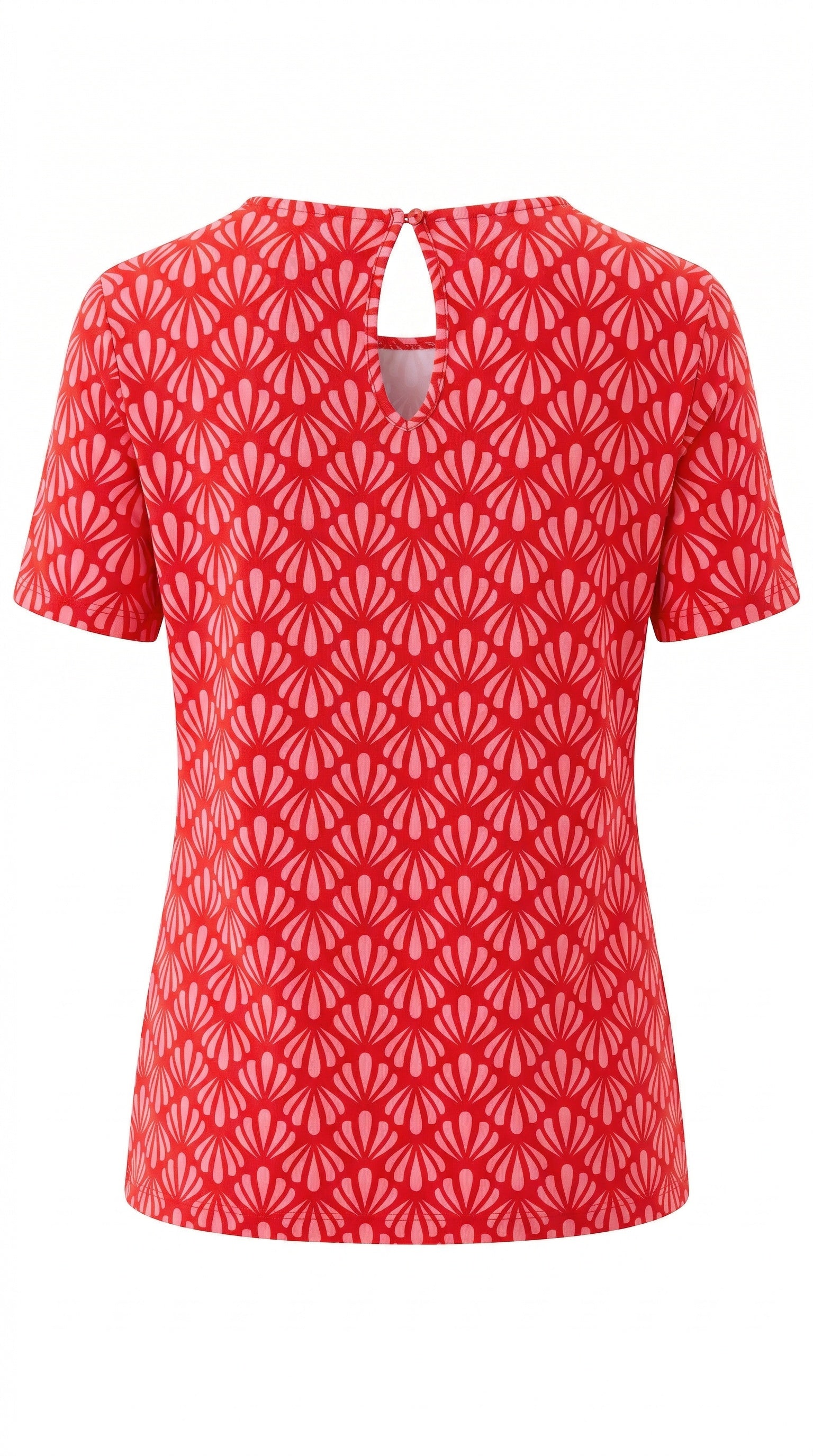 SL red and pink geometric printed short sleeve top with round neckline back