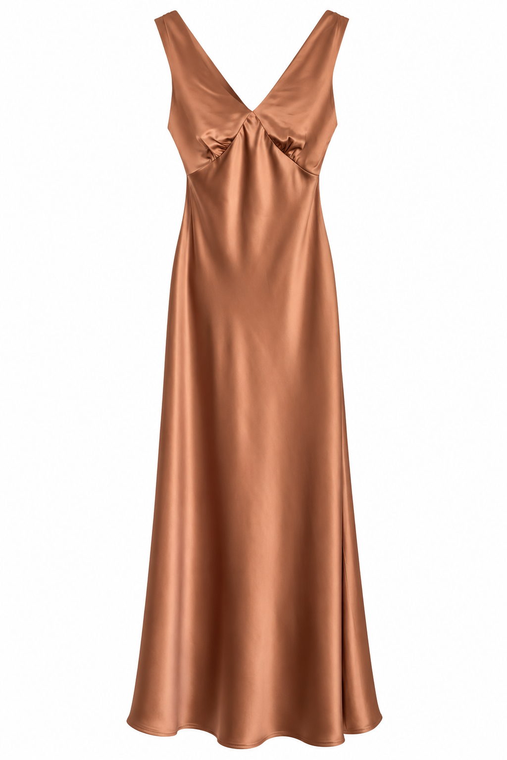 Rosily camel satin midi dress flat front view with wide straps and V neckline