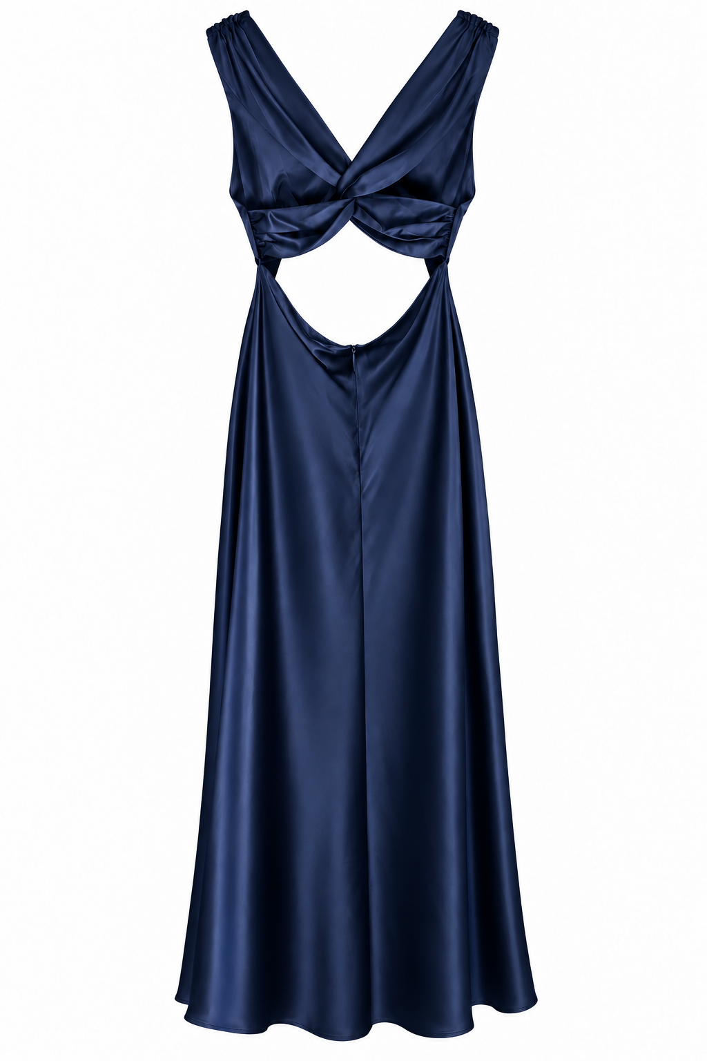 Rosily marine satin midi dress flat back view with twisted band and side slit
