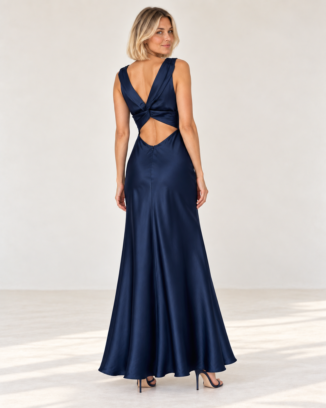 Back view of the Rosily marine satin dress showing the open twist back