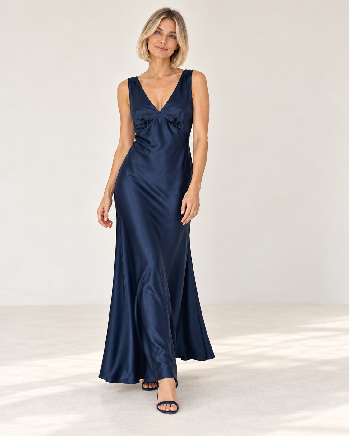 Model walking in the La Petite Étoile Rosily satin midi dress in marine