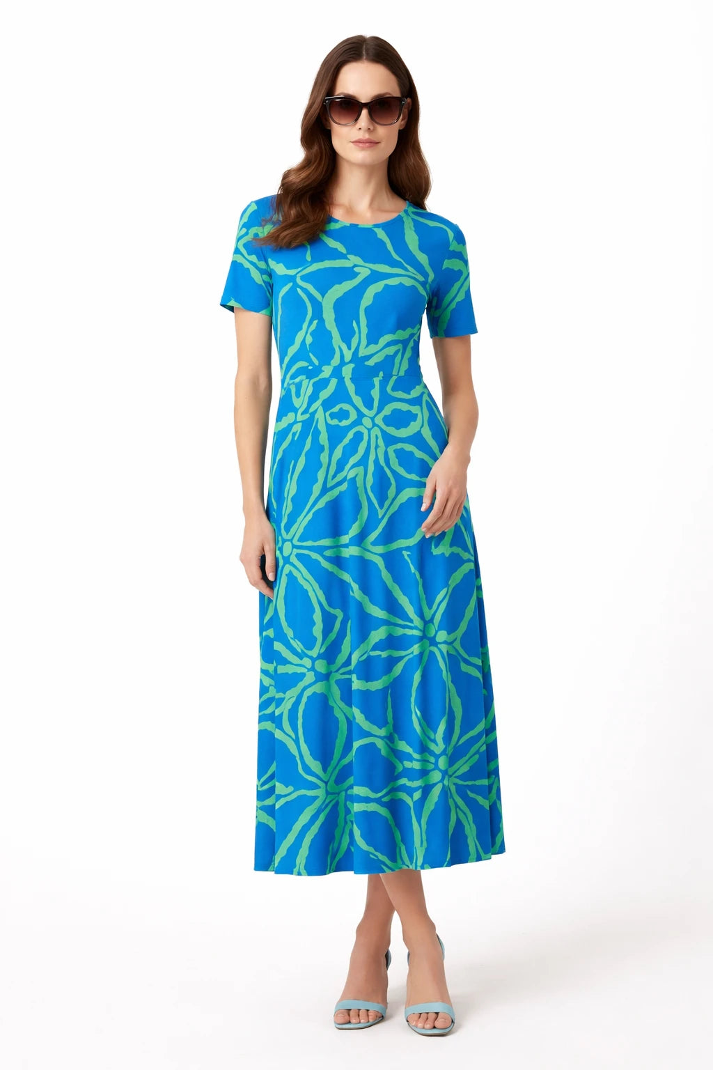 Smashed Lemon | Midi Dress in Cobalt Blue and Green Print