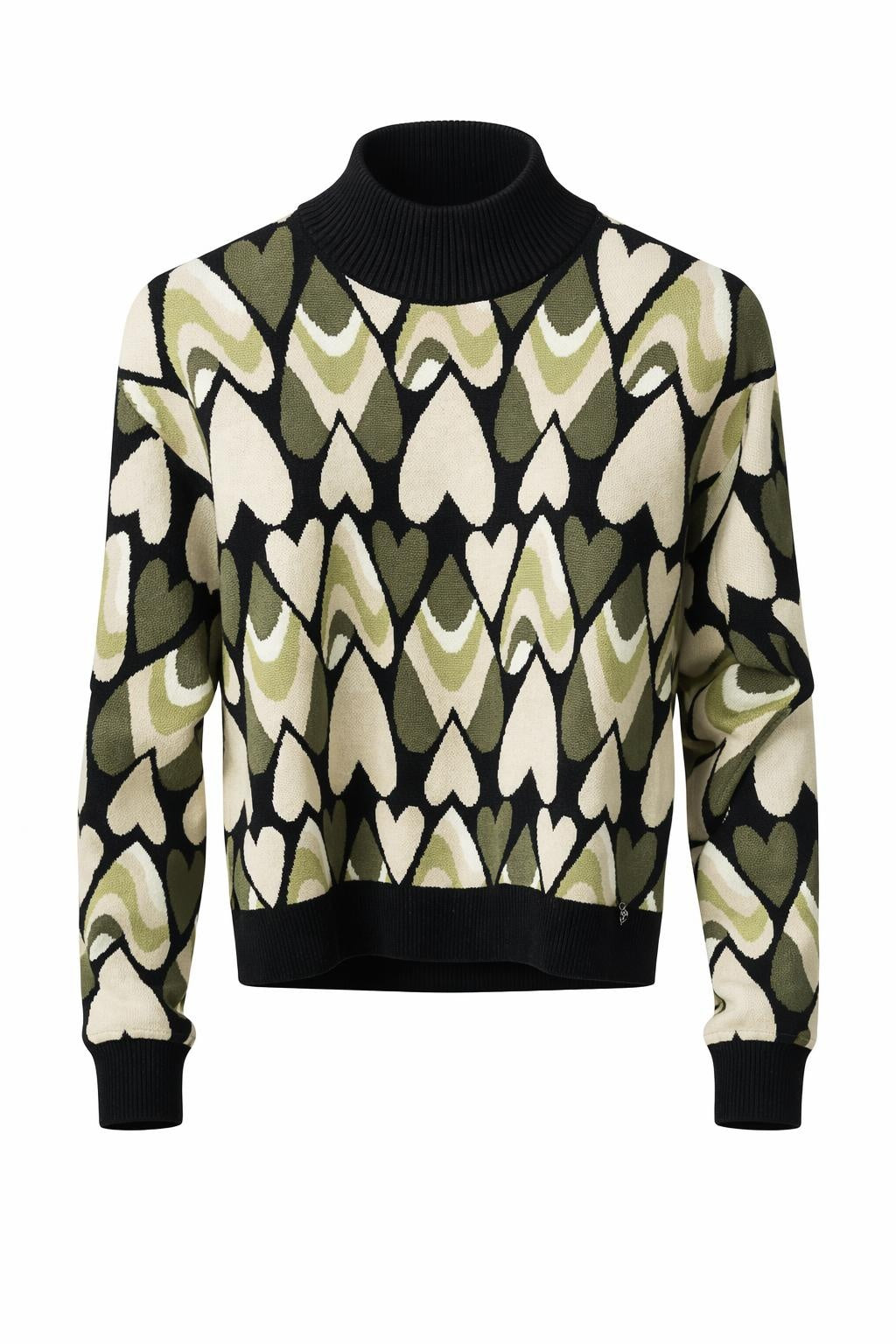 Smashed Lemon black and army green abstract patterned turtleneck knit top with long sleeves
