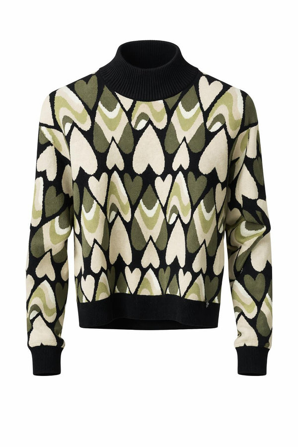 Smashed Lemon black and army green abstract patterned turtleneck knit top with long sleeves
