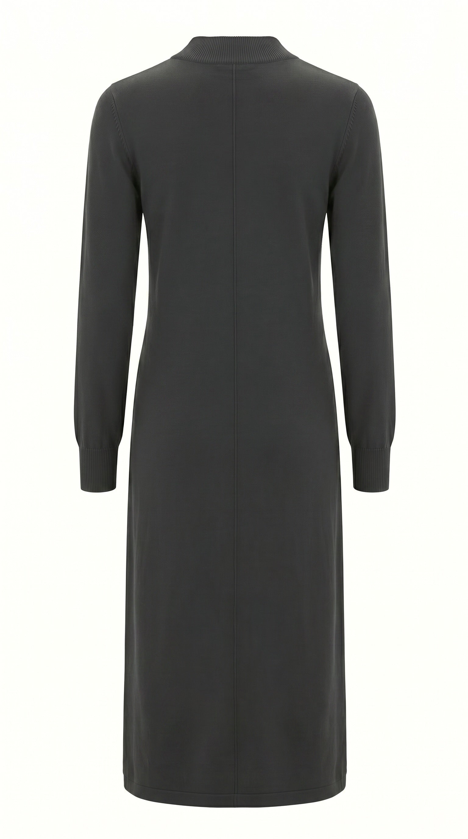 A Smashed Lemon black knit midi dress featuring a sleek silhouette, long sleeves, and subtle side button detailing for a modern, minimalist look.