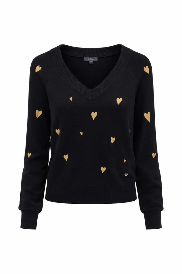 Smashed Lemon V-neck knit top in black with gold heart print, long sleeves, front view
