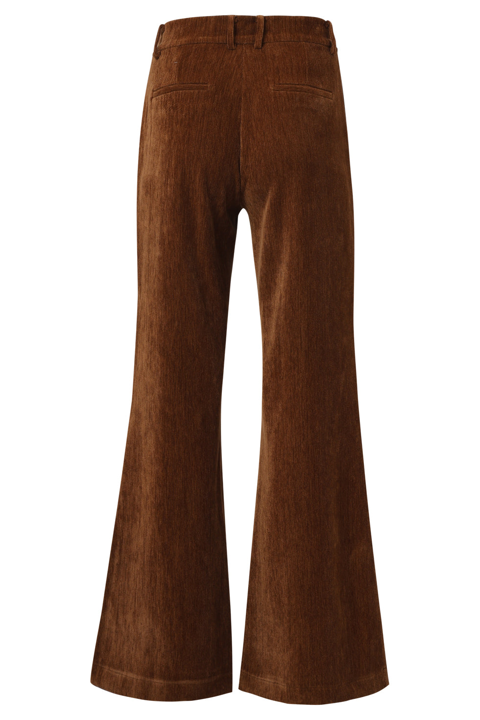 Smashed Lemon flared velvet pants in rich brown, high-waisted with wide flared leg, back view