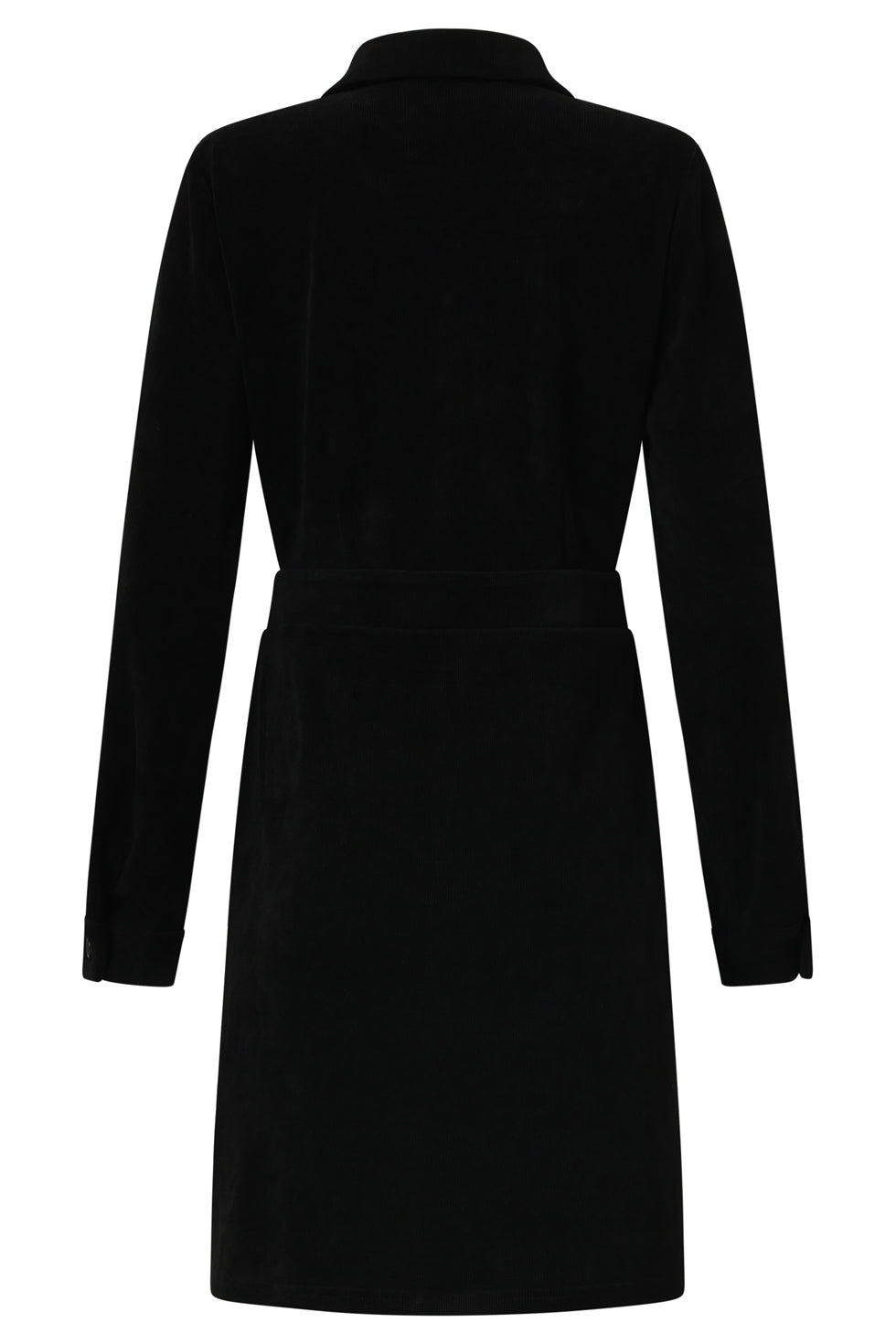 A Smashed Lemon black corduroy shirt dress featuring a button-through front, classic collar, long sleeves, and front patch pockets for a clean, structured look.