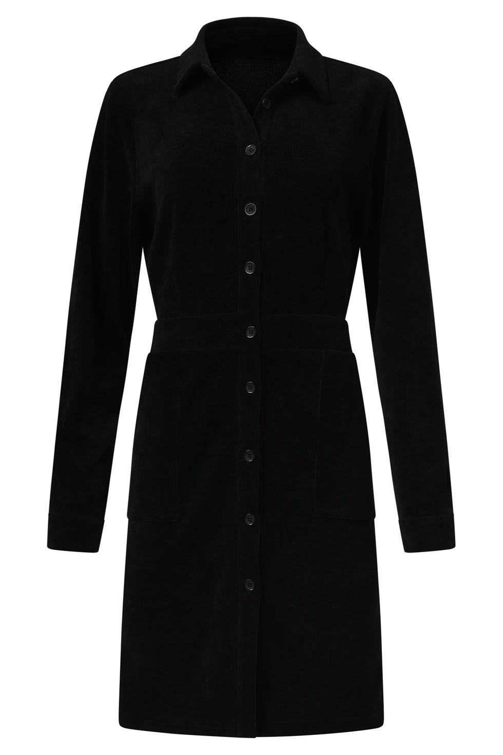 A Smashed Lemon black corduroy shirt dress featuring a button-through front, classic collar, long sleeves, and front patch pockets for a clean, structured look.
