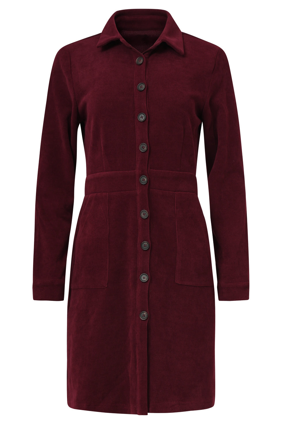 A Smashed Lemon corduroy shirt dress in rich bordeaux featuring a button-through front, classic collar, long sleeves, and front patch pockets for a structured, stylish look.