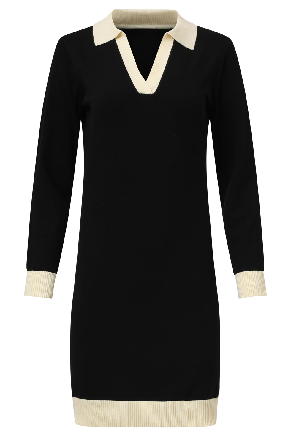 Smashed Lemon knit dress in black with off-white collar, V-neckline, long sleeves and contrast trim at cuffs and hem, front view