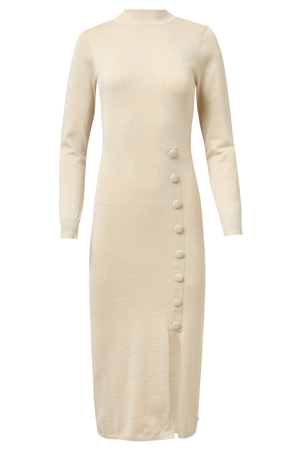 A Smashed Lemon fitted knit midi dress in sand featuring subtle gold lurex shimmer, long sleeves, a high neckline, and decorative side buttons for a refined, elegant look.