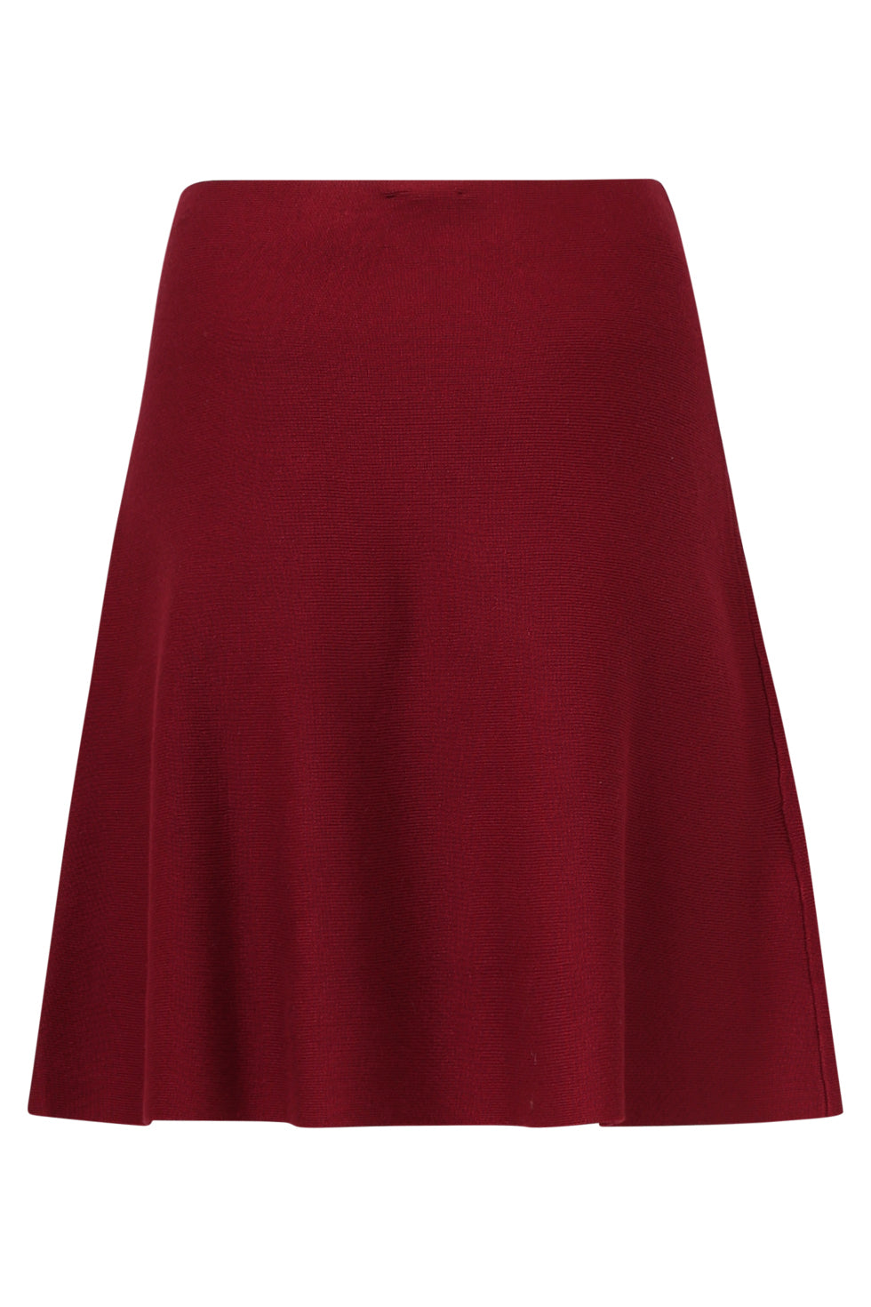 Smashed Lemon knit skirt in deep bordeaux with A-line silhouette and decorative side buttons, back view
