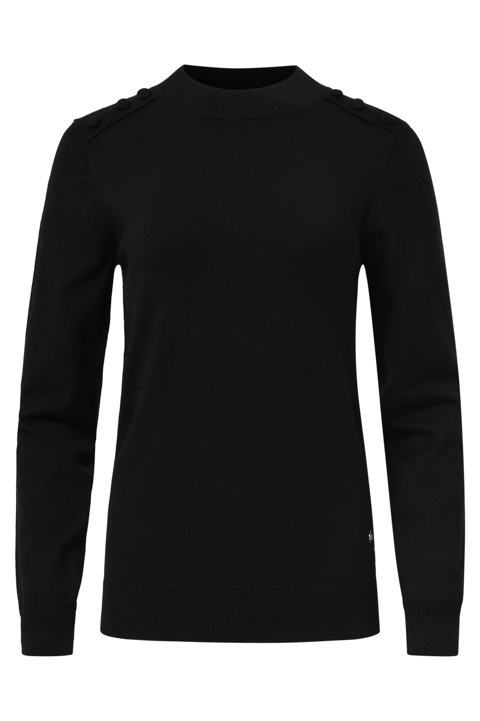 A Smashed Lemon knit top in black featuring a high neckline, long sleeves, and decorative shoulder buttons for a clean, modern, and versatile look.