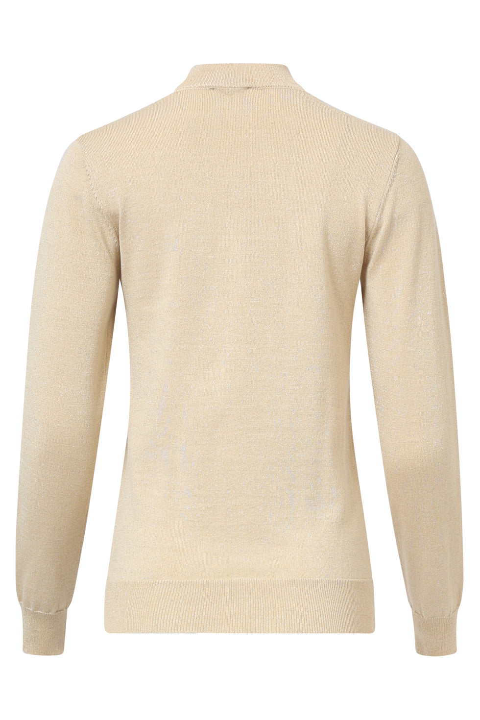 A Smashed Lemon knit top in sand featuring subtle gold lurex shimmer, a high neckline, long sleeves, and decorative shoulder buttons for a refined and modern look.