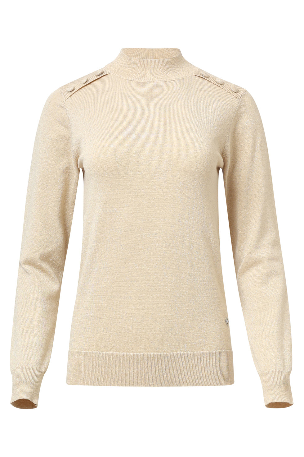 A Smashed Lemon knit top in sand featuring subtle gold lurex shimmer, a high neckline, long sleeves, and decorative shoulder buttons for a refined and modern look.