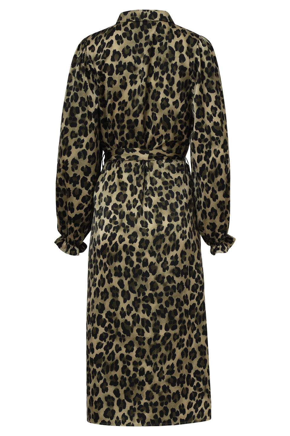 A Smashed Lemon midi shirt dress featuring an army green base with bold black leopard print, designed with a button front, long sleeves, and a tie belt to define the waist.