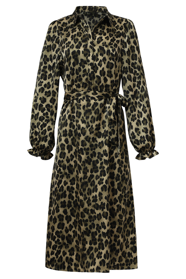 A Smashed Lemon midi shirt dress featuring an army green base with bold black leopard print, designed with a button front, long sleeves, and a tie belt to define the waist.