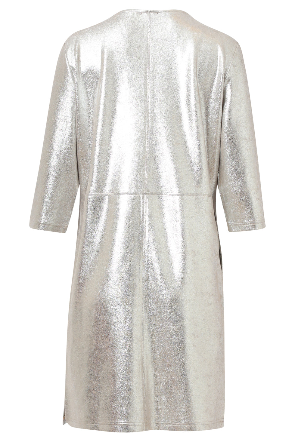 A Smashed Lemon shift dress in a bold metallic silver finish, featuring a relaxed silhouette, round neckline, and three-quarter sleeves for a sleek and modern statement look.