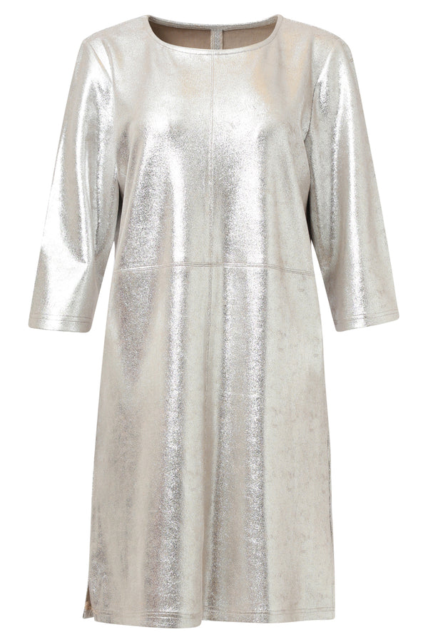 A Smashed Lemon shift dress in a bold metallic silver finish, featuring a relaxed silhouette, round neckline, and three-quarter sleeves for a sleek and modern statement look.
