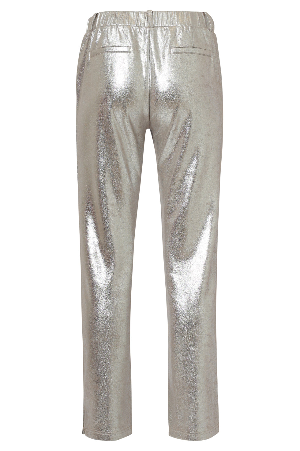 A pair of Smashed Lemon slim fit pants in a bold metallic silver finish, featuring a streamlined silhouette and high-shine surface for a modern, statement look.