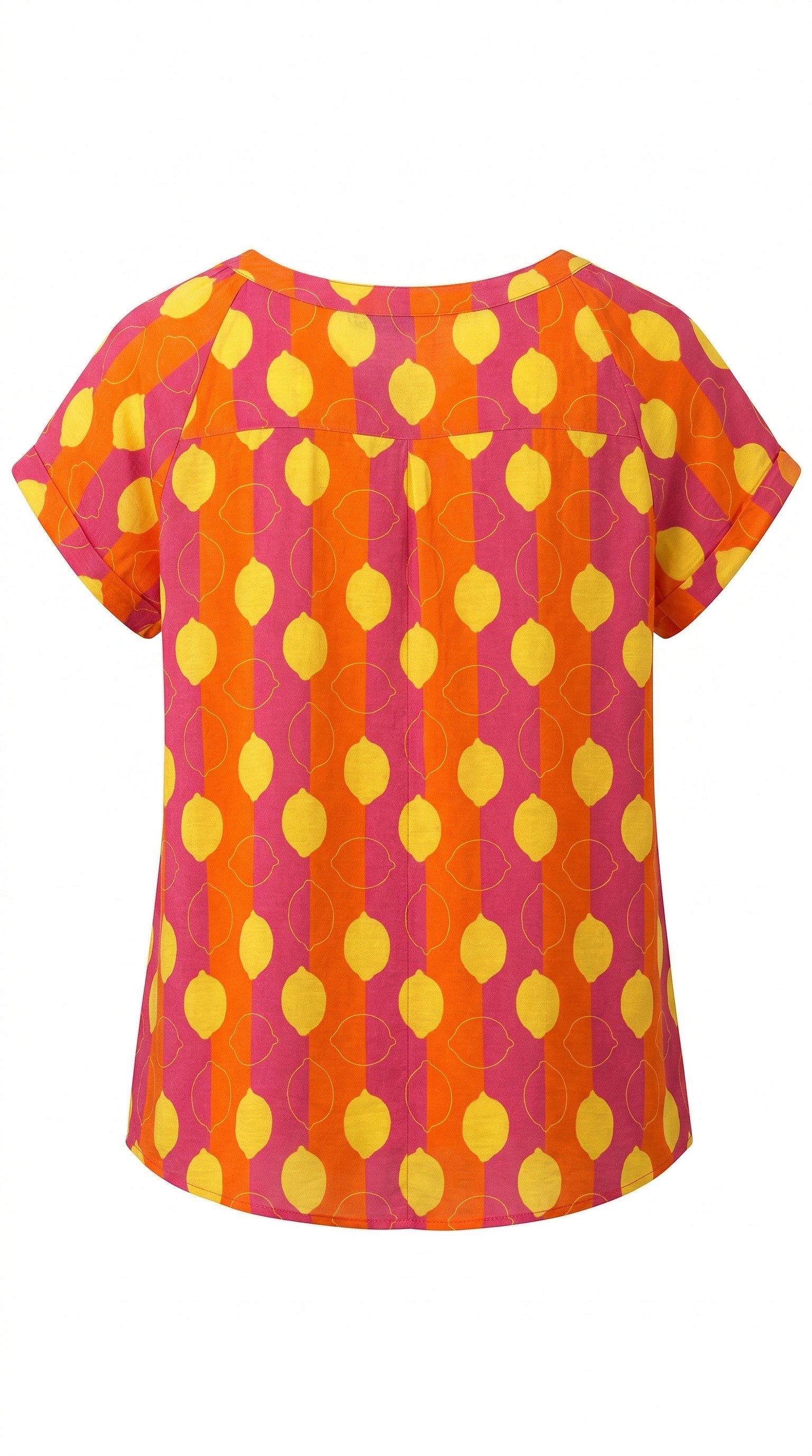 Smashed Lemon multicolour top with orange, pink and yellow lemon print and short sleeves back