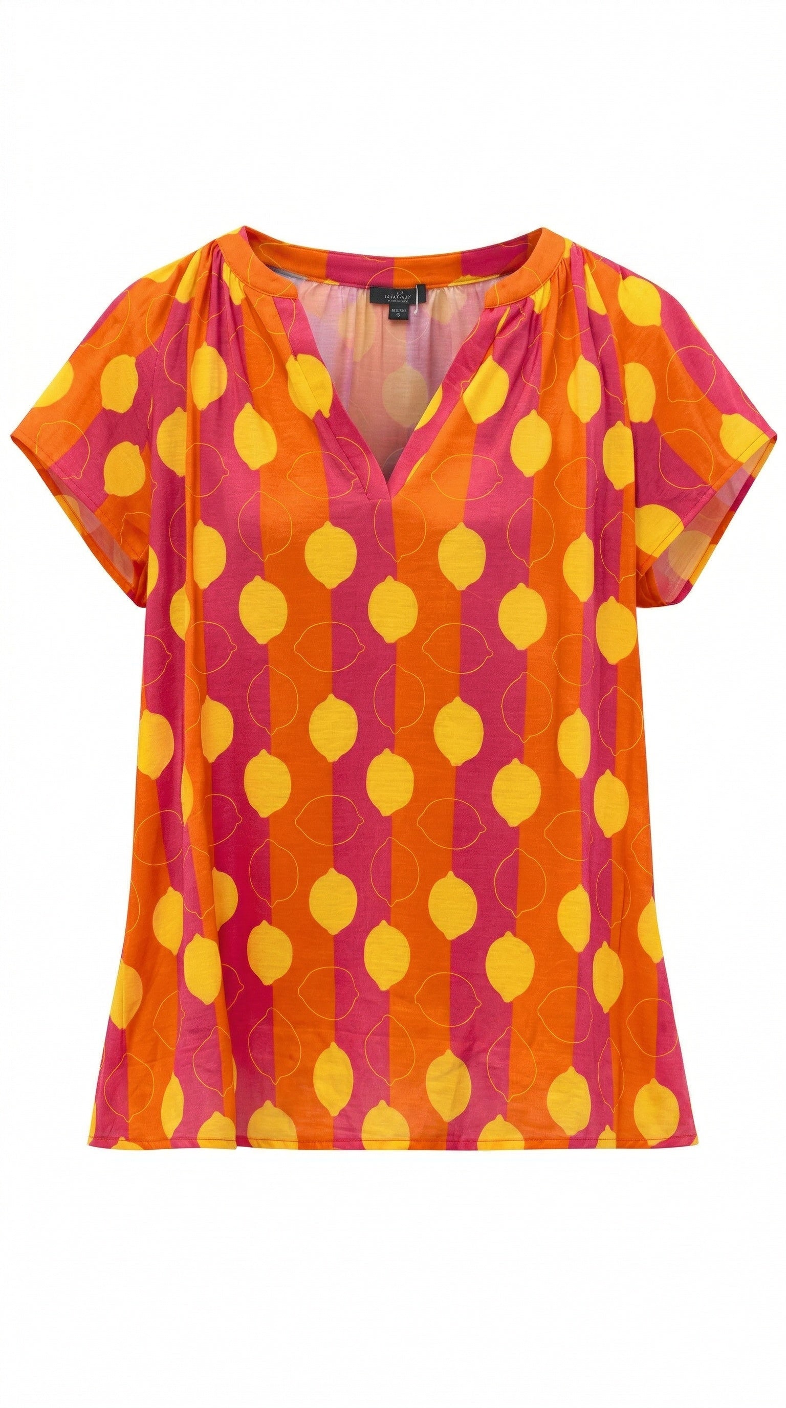 Smashed Lemon multicolour top with orange, pink and yellow lemon print and short sleeves