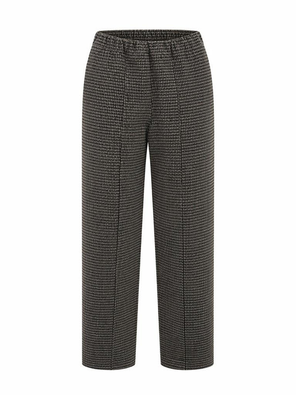 Smashed Lemon straight leg pant in black and sand check, high-waisted tailored fit, front view
