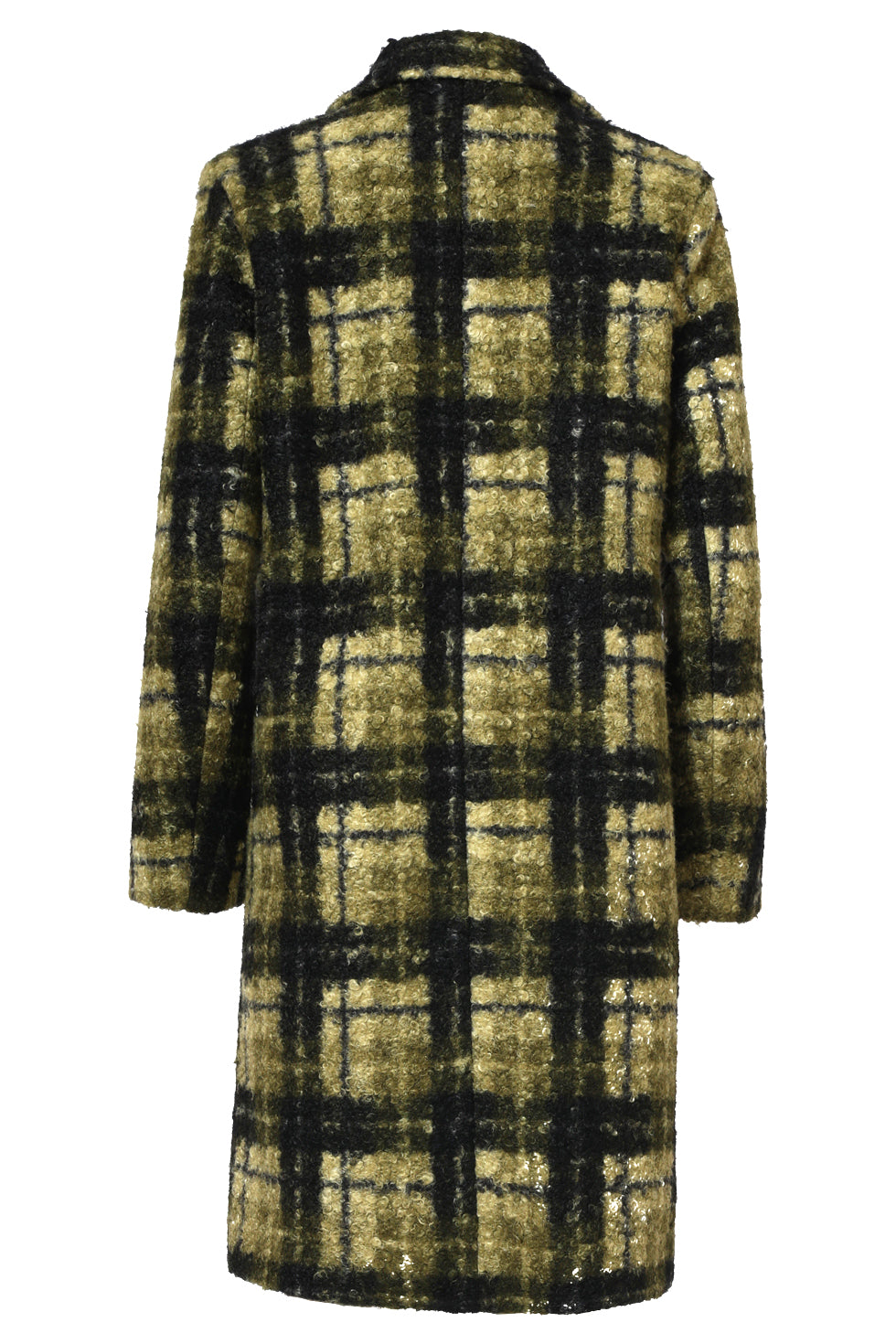 Smashed Lemon textured plaid coat in army green and yellow-green, knee-length with notch lapel collar, back view
