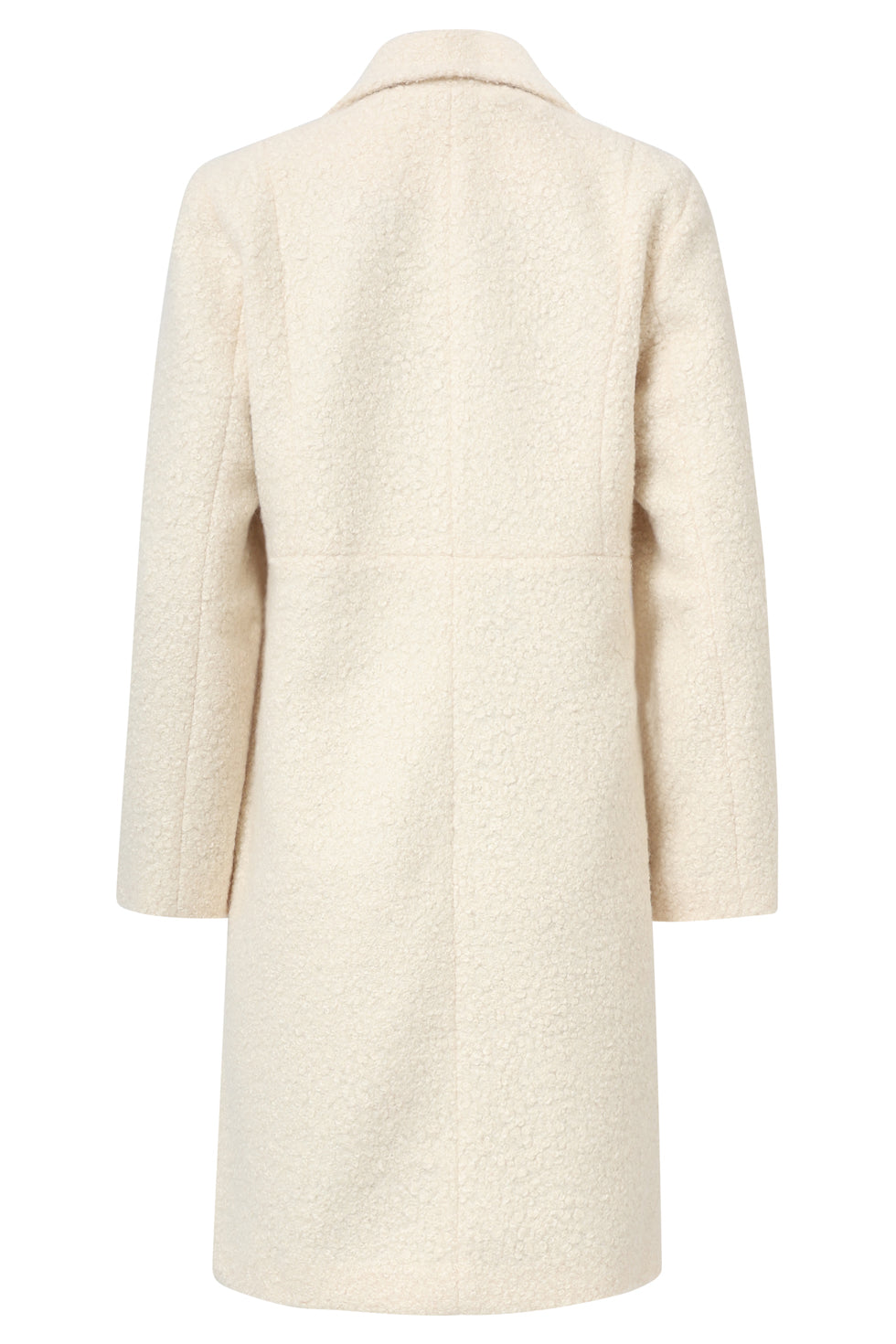 Smashed Lemon textured coat in off-white boucle, knee-length with notched lapels and button front, back view