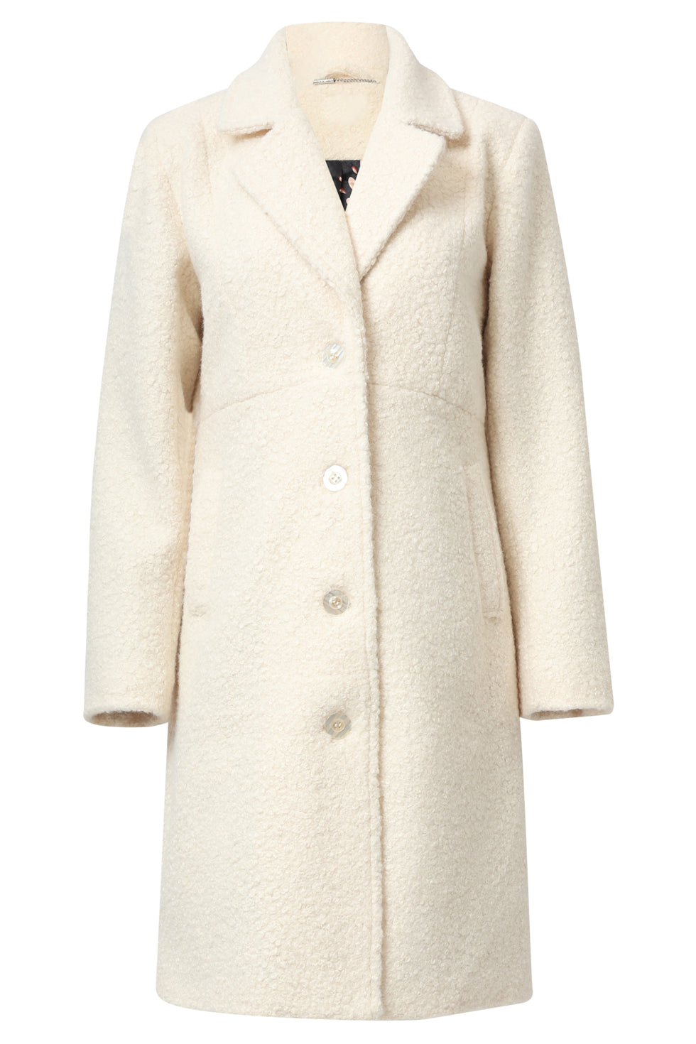 Smashed Lemon textured coat in off-white boucle, knee-length with notched lapels and button front, front view